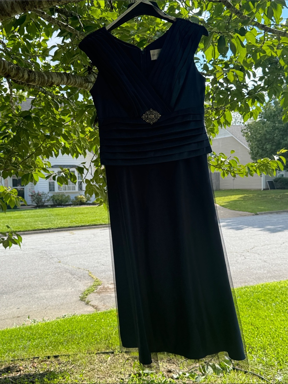 David’s Bridal Elegant Navy Evening Dress with black overlay & Decorative Brooch